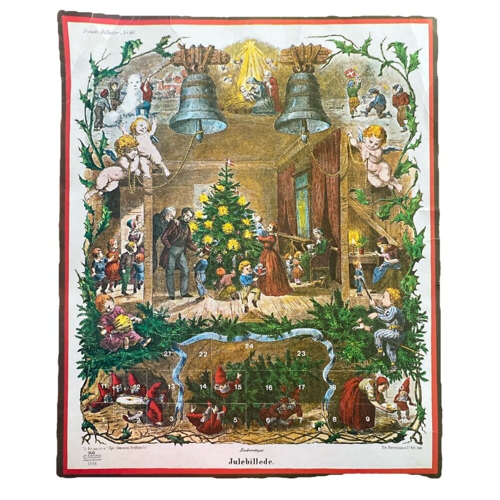 Vintage Christmas Advent Calendar w Elves Cherub Baby Jesus DANSKE BILLEDER # 40